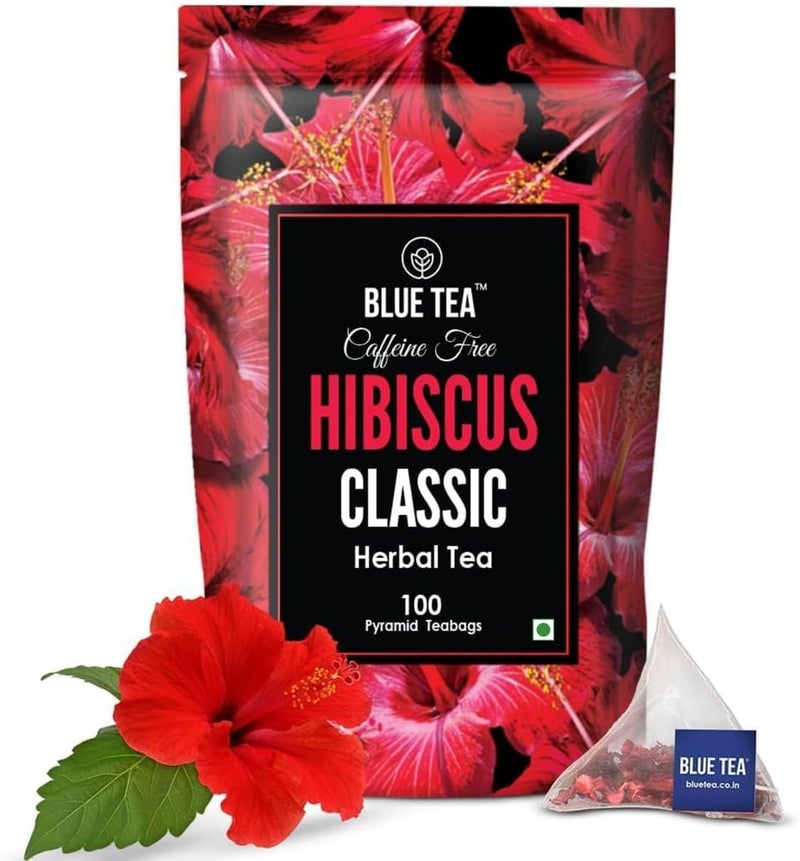 BLUE TEA Hibiscus Classic Herbal Tea - 100 Pyramid Teabags - Caffeine Free & Vegan - Image 1